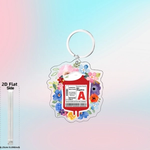 2D acrylic blood bag keychain with flowers for nurses, type A Rh negative design