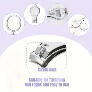 Detail of multifunctional nail clipper keychain featuring a curved blade and bottle opener