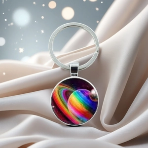 Detail of galaxy planet keychain on champagne silk with dreamy bokeh light effects