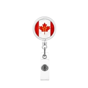 Detail of retractable ID badge holder featuring a Canada flag maple leaf glass dome