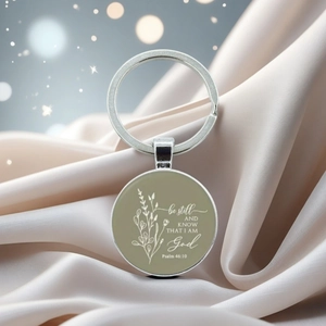 Detail view of Psalm 46:10 bible verse keychain with floral motif on satin fabric