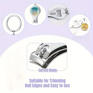 Detail showing curved blade nail clipper with motivational engraving and bottle opener