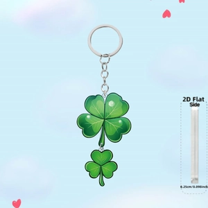 Detail view of 2D flat green acrylic lucky clover keychain with 0.25cm thickness