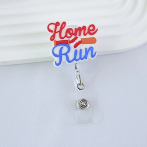 Detail of baseball retractable badge holder with Home Run text and sports theme design
