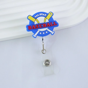 Close-up of All Star baseball badge reel with retractable blue silicone holder