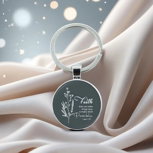 Bible verse keychain with floral pattern and Luke 1:37 quote on silk background