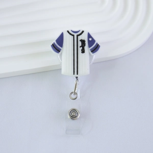 Detail of baseball jersey style retractable badge holder with blue sleeves and letter B