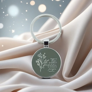Bible verse keychain with floral illustration on emerald green glass cabochon