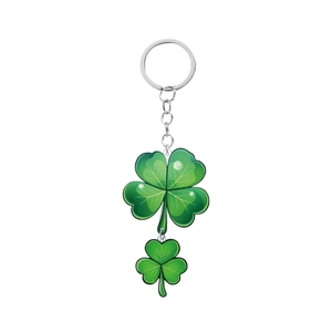 Lucky four-leaf clover acrylic keychain with green gradient leaf charms and silver ring