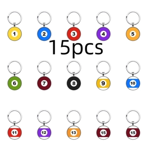 Matrix display of fifteen different billiard ball keychains with metallic edges
