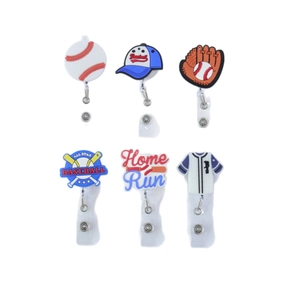 Set of 6 retractable baseball themed badge reels with glove hat and jersey designs