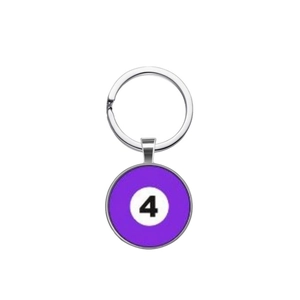 Billiard ball number 4 keychain with purple glass pendant and silver metal ring
