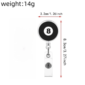Close-up of billiard 8 ball retractable badge reel with metal clip and vinyl strap details