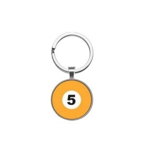 Detail of billiard ball number 5 keychain with orange gloss finish and silver metal ring