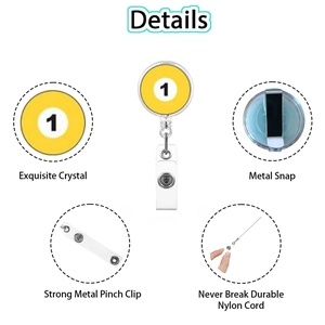 Detail of retractable badge reel showing metal snap and nylon cord with yellow number 1 design