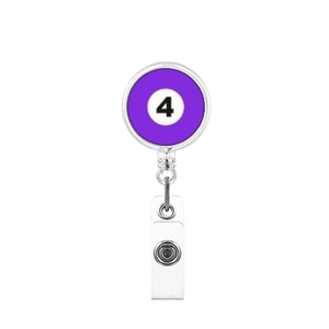 Detail view of purple billiard number 4 retractable badge reel with PVC strap