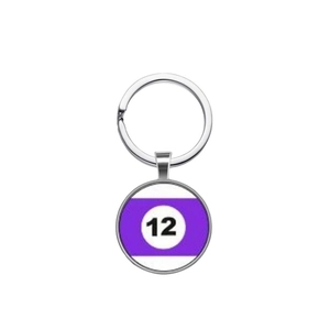 Close-up of number 12 purple striped billiard ball pendant on a silver metal keychain