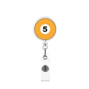 Detail of orange number 5 billiard ball retractable badge reel with sturdy metal back clip