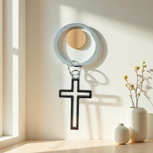 Vue détaillée du pendentif croix en métal argenté poli sur un crochet sous une lumière douce