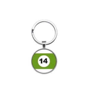 Detail of silver metal keychain featuring a green number 14 billiard ball design pendant