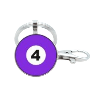 Portachiavi creativo con palla da biliardo viola numero 4 e chiusura a moschettone argento