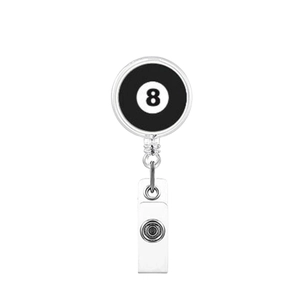 Detail showing No. 8 billiards pattern retractable badge holder with PVC strap