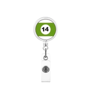 Retractable badge holder with green striped billiard ball number 14 design and pvc strap