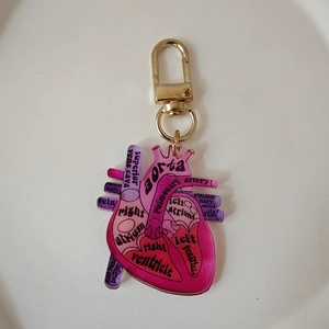 Detailed view of anatomical heart acrylic badge featuring labeled medical terminology