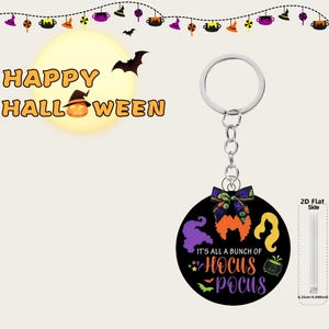 Detail of 4cm Hocus Pocus acrylic keychain featuring movie hair silhouettes and icons
