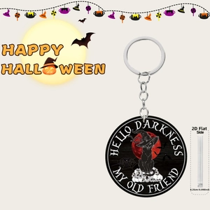 Detail view of 0.25cm thick acrylic Halloween keychain with black cat and red moon design