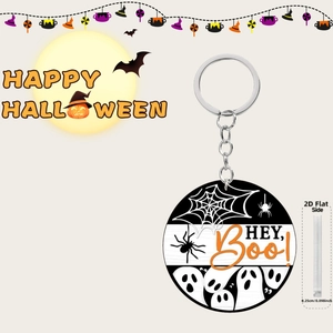 Detail view of 0.25cm thick acrylic Halloween keychain with HEY Boo ghost design