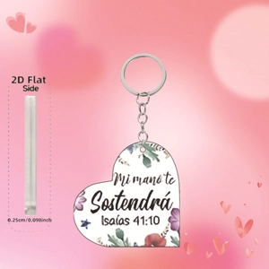Detail view of 0.25cm flat acrylic heart keychain with floral pattern and Spanish text