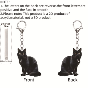 Detailed views of 2D acrylic black cat keychain showing 0.25cm thickness and silver clasp