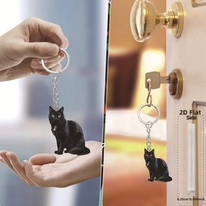Detail showing the 0.25cm thickness of this 2D flat black cat acrylic keychain