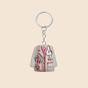 Detail of nurse uniform acrylic keychain with pink stethoscope and heart medical design