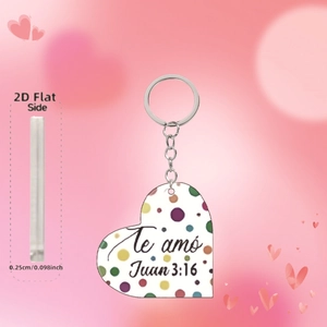 Detail view showing the 0.25cm thickness of this heart-shaped acrylic religious keychain