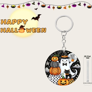 Detail view of 2D flat acrylic Halloween keychain featuring ghost and pumpkin designs