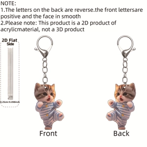 Detail showing 2D acrylic cat keychain with front and back view plus thickness info