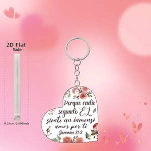 Detail showing 0.25cm thickness of acrylic heart pendant with pink roses and Spanish text
