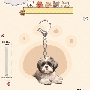Detail view of 0.25cm thick 2D flat acrylic Shih Tzu dog keychain with metal lobster clasp