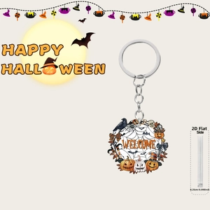 Acrylic 2D Halloween ghost keychain featuring spider web and pumpkin motifs