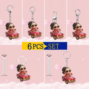 Porte-clés en Acrylique Fille de Mode Conduisant une Voiture de Sport Rouge Pendentif Imprimé 2D Plat pour Sac et Voiture