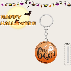 Detail showing 0.25cm thickness of acrylic Halloween keychain with ghost design