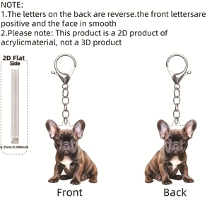 Vue détaillée du porte-clés bouledogue français en acrylique 2D avec anneau et chaîne
