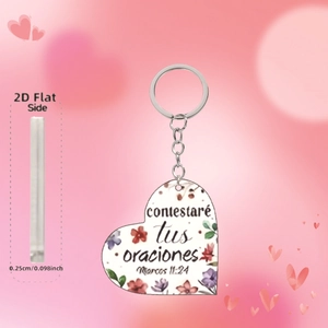 Detail view of heart-shaped acrylic keepsake showing 0.25cm thickness and floral scripture