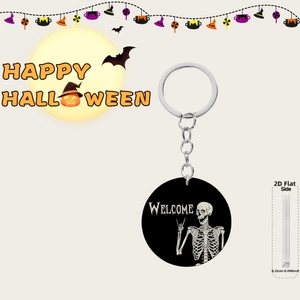 Side view of 4cm acrylic Halloween keychain showing slim 0.25cm thickness and welcome art