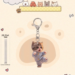Detail view of the 0.25cm thick 2D flat acrylic cute cat keychain with silver metal clasp