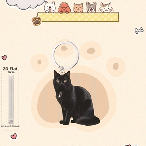 Flat 2D acrylic black cat keychain with silver metal ring and 0.25cm thickness detail