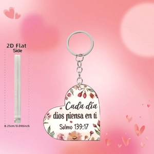 Detail view of 0.25cm thick heart acrylic plaque with floral pattern and Spanish scripture