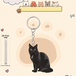 Realistic black cat acrylic flat keychain with 2D side view and silver metal ring accessory